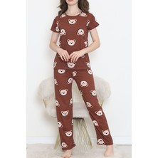 Dantel Ayıcık Desenli Kahverengi Pijama Takımı