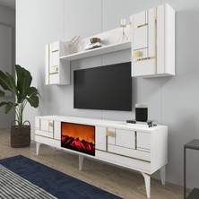 Demonte Decor Madera Şömineli Tv Ünitesi Takımı Beyaz-Altın