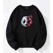 Softway Unisex Oversize Bisiklet Yaka Basic Heiparman Panda Baskılı Sweatshirt - Siyah