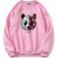 Unisex Oversize Bisiklet Yaka Basic Heiparman Panda Baskılı Sweatshirt - Pembe