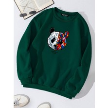 Unisex Oversize Bisiklet Yaka Basic Heiparman Panda Baskılı Sweatshirt - Koyu Yeşil