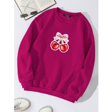 Unisex Oversize Bisiklet Yaka Basic Ribbom Cherry Baskılı Sweatshirt - Fuşya