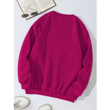 Unisex Oversize Bisiklet Yaka Basic Ribbom Cherry Baskılı Sweatshirt - Fuşya