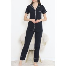 Dantel Lacivert Cepli Düz Pijama Takımı