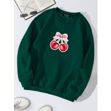 Unisex Oversize Bisiklet Yaka Basic Ribbom Cherry Baskılı Sweatshirt - Koyu Yeşil