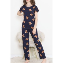 Dantel Ayıcık Desenli Lacivert Kahve Pijama Takımı