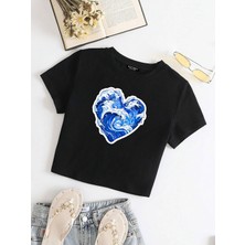 Kadın Kısa Kollu Basic Dar Kalıp Ocean Heart Baskılı Crop T-Shirt - Siyah