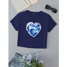 Softway Kadın Kısa Kollu Basic Dar Kalıp Ocean Heart Baskılı Crop T-Shirt - Indigo