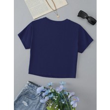 Softway Kadın Kısa Kollu Basic Dar Kalıp Ocean Heart Baskılı Crop T-Shirt - Indigo