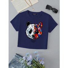 Kadın Kısa Kollu Basic Dar Kalıp Heiparman Panda Baskılı Crop T-Shirt - Indigo