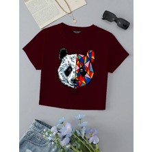 Kadın Kısa Kollu Basic Dar Kalıp Heiparman Panda Baskılı Crop T-Shirt - Bordo