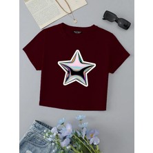 Kadın Kısa Kollu Basic Dar Kalıp Shining Metallic Star Baskılı Crop T-Shirt - Bordo