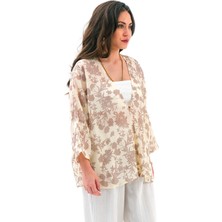 Çiçek Desenli Truvakar Kol Kimono - Kahve