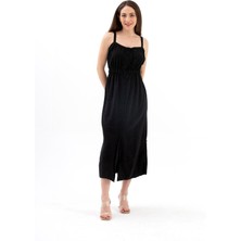 Askılı Önü Düğmeli Yırtmaçlı Keten Elbise - Siyah