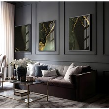 Harikabirev Siyah-Krem Soyut Çizgiler Kombini |Çerçeveli Cam Tablo  3lü Dikey