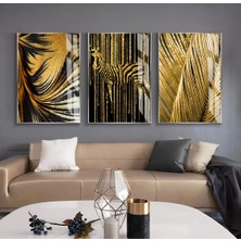 Harikabirev Siyah - Gold Renk  Zebra Yaprak ve Soyut Kombin  Çerçeveli Cam Tablo  3'lü Dikey
