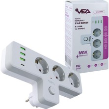 Vea VE-23088 3 Soketli 3xusb+Type-C Çocuk ve Termal Korumalı Anahtarlı Priz