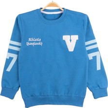 Erkek Çocuk Önü V Nakışlı Kolları Sayı Desenli Mavi Renk Sweatshirt