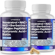 Vitamax Resveratrol + Nac + Nad + Berberine + Collegen Peptides + Hyaluronic Acid + Biotin   21 In 1 - 60 Kapsül - Ithal