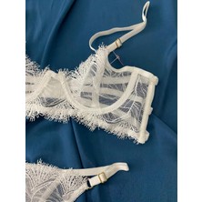 Blue Moonlight Lingerie Ekru Dantel Tül Işlemeli Sütyen Külot Takım