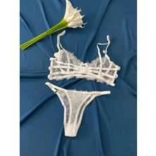 Blue Moonlight Lingerie Ekru Dantel Tül Işlemeli Sütyen Külot Takım