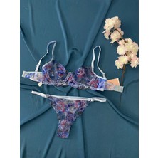 Blue Moonlight Lingerie Mavi Dantel Brode Işlemeli Tül Sütyen Külot Takım