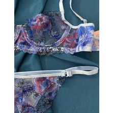 Blue Moonlight Lingerie Mavi Dantel Brode Işlemeli Tül Sütyen Külot Takım