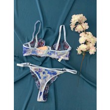 Blue Moonlight Lingerie Mavi Dantel Brode Işlemeli Tül Sütyen Külot Takım