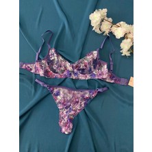 Blue Moonlight Lingerie Mor Dantel Tül Brode Işlemeli Çiçekli Sütyen Külot Takım