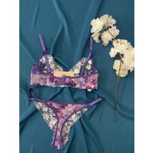 Blue Moonlight Lingerie Mor Dantel Tül Brode Işlemeli Çiçekli Sütyen Külot Takım