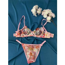 Blue Moonlight Lingerie Pembe Çiçekli Brode Tül Dantel Işlemeli Sütyen Külot Takım