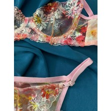 Blue Moonlight Lingerie Pembe Çiçekli Brode Tül Dantel Işlemeli Sütyen Külot Takım