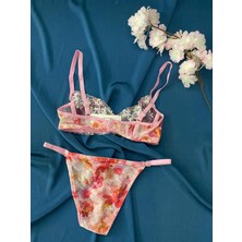 Blue Moonlight Lingerie Pembe Çiçekli Brode Tül Dantel Işlemeli Sütyen Külot Takım