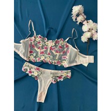 Blue Moonlight Lingerie Pembe Çiçekli Dantel Işlemeli Korseli Büstiyer Takım