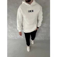 Tarz Yeri Uzun Kol Kapşonlu Göğüs Baskılı Sweatshirt - Beyaz
