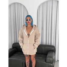 Tarz Yeri Oversize Tam Fermuarlı Uzun Kol Hırka - Bej