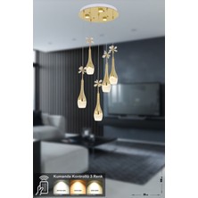 Avizemoda Lale 5'li Power Ledli Kumandalı Modern Lüks Sarkıt Avize, 3 Renk: Sarı-beyaz-gün Işığı - Gold