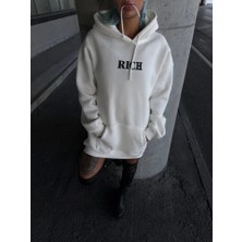 Defy Moda Uzun Kol Kapşonlu Göğüs Baskılı Sweatshirt - Beyaz