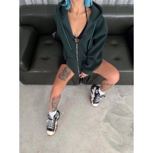 Defy Moda Oversize Tam Fermuarlı Uzun Kol Hırka - Haki