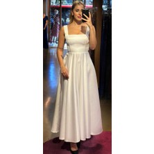 Beyaz Kalın Askı Kloş Etekli Saten Midi Abiye Elbise 7631