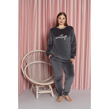 Lady Gri Büyük Beden Kadife Pijama Takımı