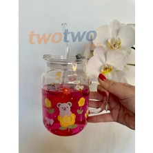 Twotwo - [ ] Silikon Sızdırmaz Kapaklı Ve Cam Pipetli Çiçekli-Gül Desenli Cam Kupa-Termos-Bardak Isıya Dayanıklı-Içecek Mutfak Gereçleri