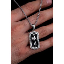 Osmanlı Gümüş Erkek Gümüş Kolye - Grek Desenli Savaşçı Maskesi Tilki Kuyruğu Zincir Erkek Kolye