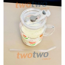 Twotwo - [ ] Silikon Sızdırmaz Kapaklı Ve Cam Pipetli Çiçekli-Gül Desenli Cam Kupa-Termos-Bardak Isıya Dayanıklı-Içecek Mutfak Gereçleri