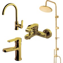 Newarc Domino Altın Banyo Lavabo Evye Bataryası Altın Duş Ünitesi 440615G-971538-971528-971518