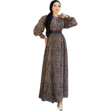 Nissra  Balon Kol Simli Şifon Elbise NSR167901