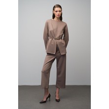 Kemer Aksesuarlı Ceket Pantolon Scuba Ikili Takım Vizon 9261-TK