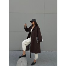 Minaaise Kadın Kahve Oversize Trençkot Çizgi Desenli Ceket Yaka Rahat Kalıp