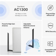 Mercusys MA30H, AC1300 Mbps, Çift Bant, USB 3.0, Yüksek Çekim Güçlü Wi-Fi 5 USB Adaptör