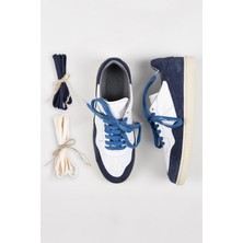 Krähe Artemis Erkek Hakiki Deri Eskitme El Boyamalı Bağcık Ve Iki Yedek Bağcıklı Beyaz-Mavi Sneakers